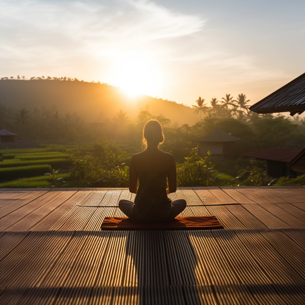Woman meditating in Indonesia watching the sunset focusing on optimizing her Alpha brainwaves.